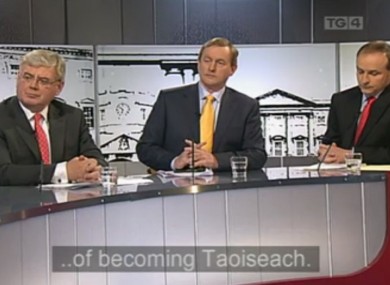 Eamon Gilmore, Enda Kenny and Micheál Martin were sat in alphabetical order for this evening's TG4 debate.