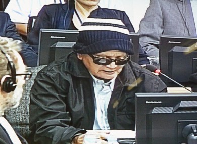 Nuon Chea, who was known as Brother No. 2 in the former Khmer Rouge government after the late Pol Pot, faces a U.N.-backed tribunal in Phnom Penh. The image is taken from a screen in the press room.