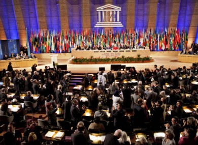 Delegates cheer after they approved the membership of Palestine during UNESCO's 36th General Conference.