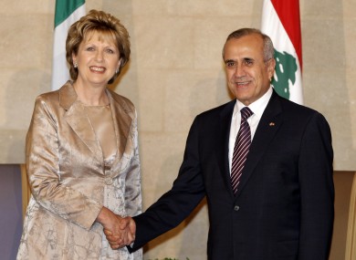 Lebanese President Michel Suleiman, right, shakes hands with President Mary McAleese