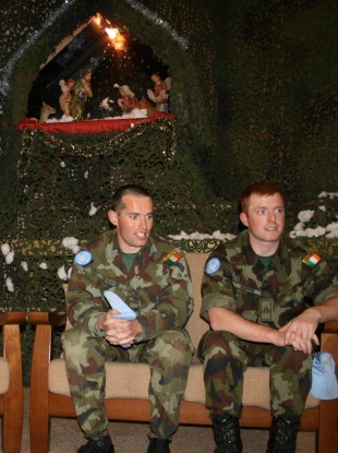 Soldiers discuss their Christmas plans at Camp Shamrock in Tibnin, Lebanon