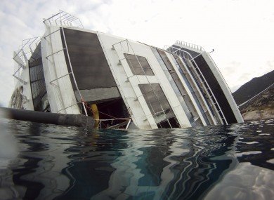 The bow of the capsized ship