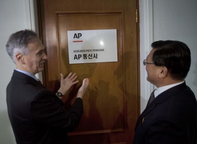 AP president Tom Curley with KCNA president Kim Pyong Ho at the opening of the agency's bureau in Pyongyang.