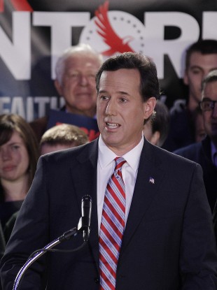 Santorum addresses supporters at his Iowa caucus victory party.