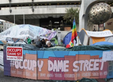 The protest camp outside the Central Bank headquarters on Dame Street.