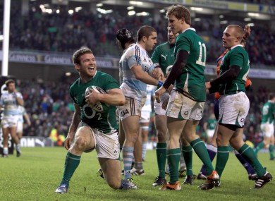 Gordon D'Arcy celebrates international try number seven against Argentina in 2010