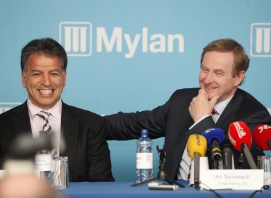Enda Kenny with Mylan executive chairman Robert J Coury at the Mylan announcement in Baldoyle earlier today