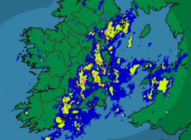 A rainfall radar image from Met Éireann at 7:15pm this evening.