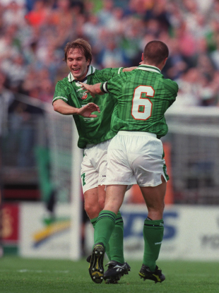 McAteer and Keane celebrate a goal against Croatia.