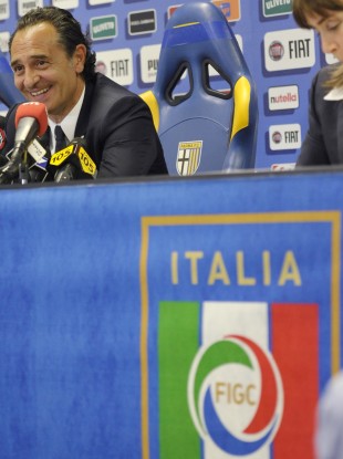 Italy's coach Cesare Prandelli talks to journalists yesterday.
