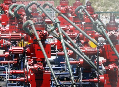 Rows of pumps where the hydraulic fracturing process in the Marcellus Shale layer to release natural gas was underway at a Range Resources site in Pennsylvania, USA