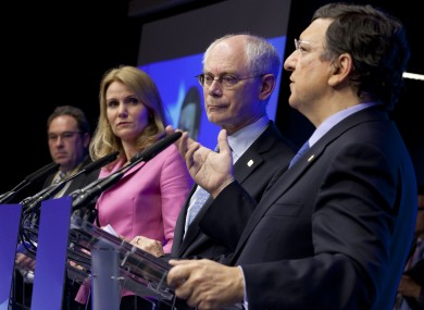European Commission President Jose Manuel Barroso, European Council President Herman Van Rompuy and Denmark's Prime Minister Helle Thorning-Schmidt participate in a media conference at the EU Summit in Brussels