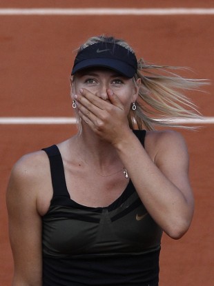 Sharapova reacts to winning her semi final match against Petra Kvitova of the Czech Republic yesterday.