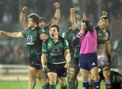 Paul O'Donohoe celebrates at the final whistle of Connacht's Heineken Cup victory over Harlequins.