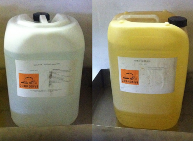 Drums of caustic soda (L) and nitric acid, similar to these, were stolen from a factory in Limerick overnight.