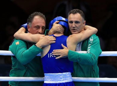 Michael Conlan celebrates with coach Billy Walsh and coach Zaur Anita.