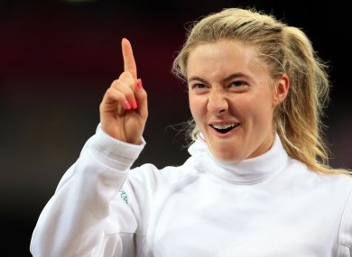 Natalya Coyle celebrates a fencing win at the Copperbox.