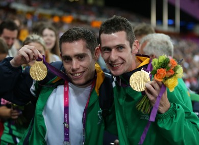 Ireland's Michael McKillop (right) and Jason Smyth with their Gold medals at the Olympic Stadium, London.