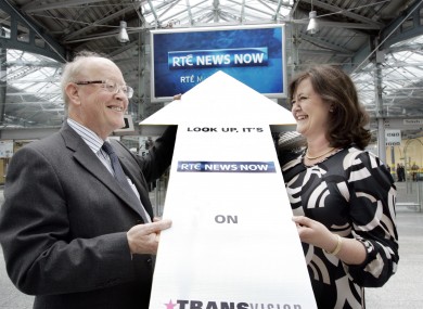 RTÉ's head of Digital, Muirne Laffan, launching an RTÉ News Now screen in Heuston Station in 2010 with CIE's John Lynch.