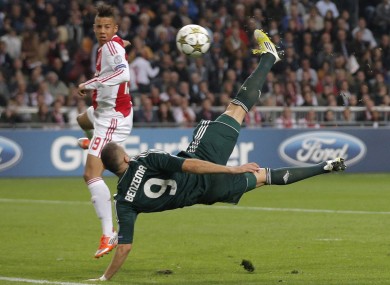 Karim Benzema scores Real Madrid's spectacular second in their 4-1 win against Ajax in Amsterdam.