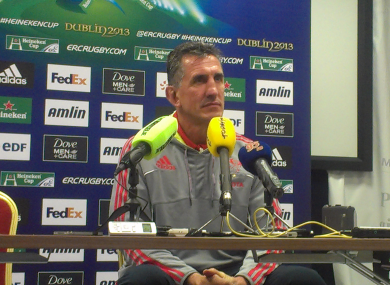 Rob Penney (and TheScore.ie microphone) at the post-match press conference at Thomond Park.