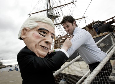 John Logue (right) during a previous student protest with another activist dressed as former education minister Batt O'Keeffe
