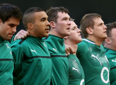 Irish players line up for the singing of the anthems.