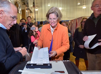 Elizabeth Warren casts her vote in Massachusetts earlier today.