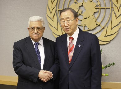 UN Secretary General Ban Ki-moon, right, shakes hands with Palestinian President Mahmoud Abbas at U.N. headquarters Wednesday, Nov. 28, 2012.