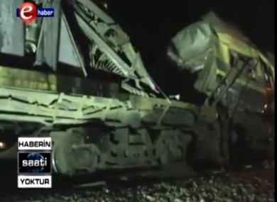 A still from Egyptian television shows the train after the crash