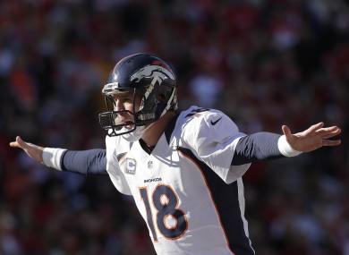 Denver Broncos quarterback Peyton Manning calls a play during the first half of his NFL game Sunday.