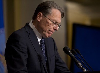 National Rifle Association executive vice president Wayne LaPierre pauses as he makes a statement during a news conference in response to the Connecticut school shooting
