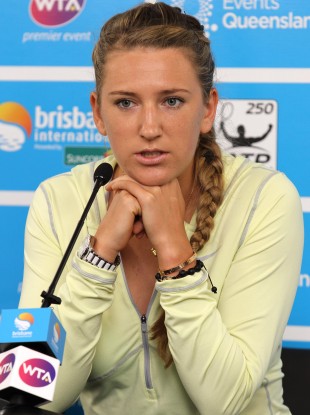 Victoria Azarenka of Belarus speaks to the media in Brisbane earlier.
