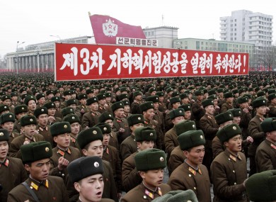 North Korean army officers and soldiers attend a rally at Kim Il Sung Square on Thursday, Feb. 14, 2013, in Pyongyang, North Korea, in celebration of the country's recent nuclear test.