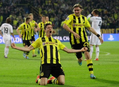 Lewandowski celebrates scoring last night.