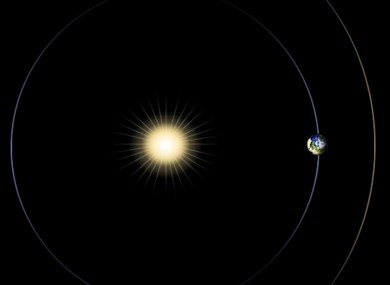 This artist rendering provided by NASA shows the positions of the sun, Earth and Mars, at left.