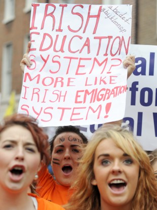 Thousands of teachers protest outside Leinster House over cuts and equal pay in October.
