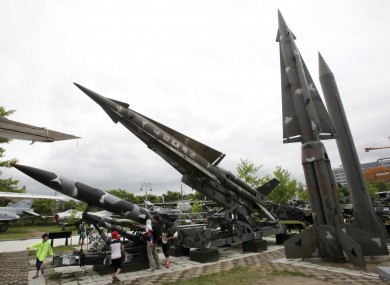A mock Scud-B missile of North Korea, right, and other South Korean missiles are displayed at Korea War Memorial Museum in Seoul, South Korea.