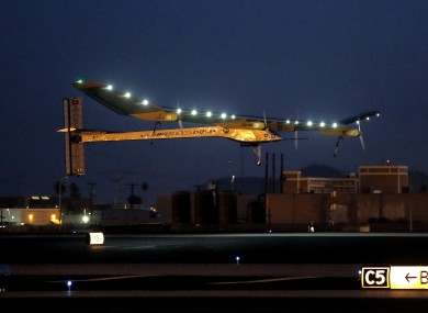 Solar Impulse, piloted by André Borschberg, takes flight during the second leg of its 2013 Across America mission from Harbor International Airport in Phoenix.