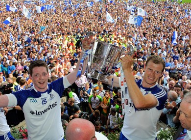 Monaghan's Owen Lennon and Conor McManus lift the Anglo-Celt Cup.