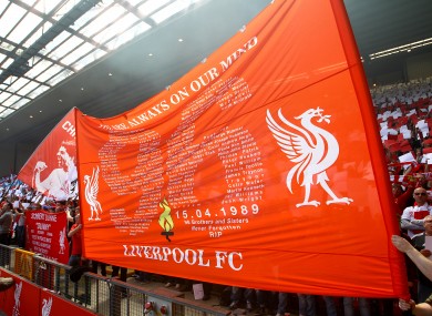 Banners in the Kop end dedicated to the victims of the Hillsborough tragedy.