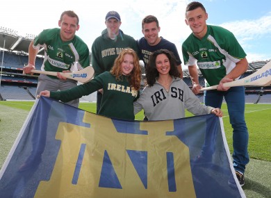 Jackie Tyrrell, far left, and Lee Chin, far right, with Notre Dame graduates Dan McGeever, Joe Wawrzynsky, Marissa Gaskill and Katie Kenney at yesterday's launch in Croke Park.