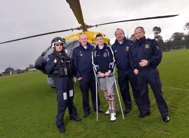 Left to right - Police helicopter pilot; Jason Rosborough (NIAS); Caolan McCluskey; Victor Baranowski and John McClintock.