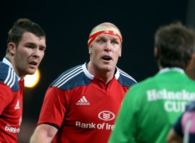 Peter O'Mahony and Paul O'Connell talk to referee Jerome Garces.