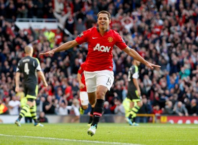 Manchester United's Javier Hernandez celebrates his goal.
