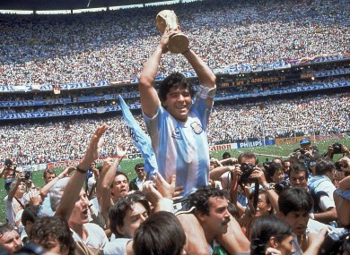 Diego Maradona lifts the World Cup trophy in 1986.