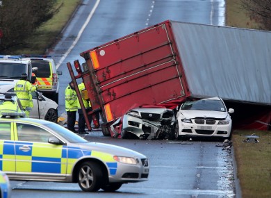 The driver of this HGV died when it overturned in high winds onto other cars on the A801 in West Lothian.