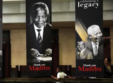 Banners of Nelson Mandela in the South African parliament in Cape Town.