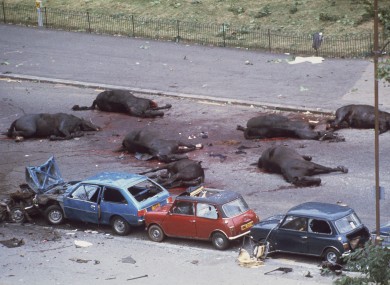 Horses lie dead after the bomb in Hyde Park in July 1982.