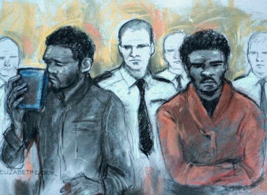 Court artist sketch of Michael Adebowale and Michael Adebolajo.